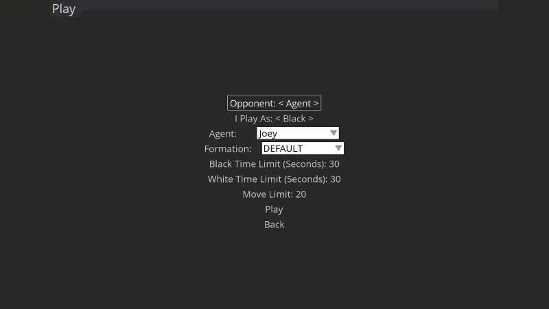 Game setup: opponent, agent, formation and time limits