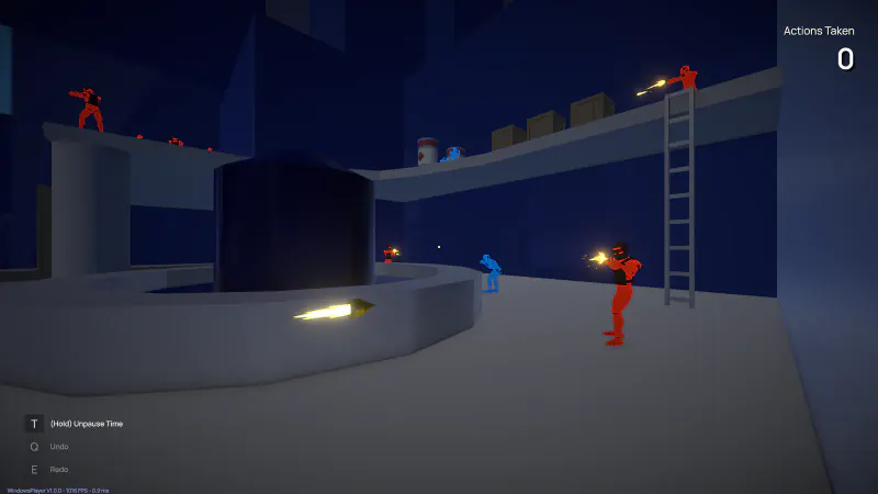 City center scenario with bullets frozen in flight