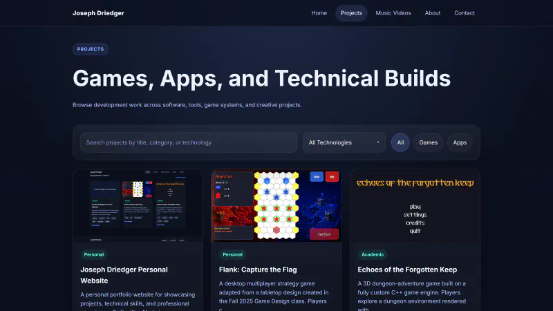 Projects page with search and technology filters